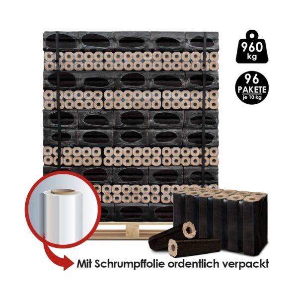 Palette mit 960 kg Eichenholzbriketts Pini&Kay (6×23 cm) – Premium-Brennstoff mit hohem Heizwert